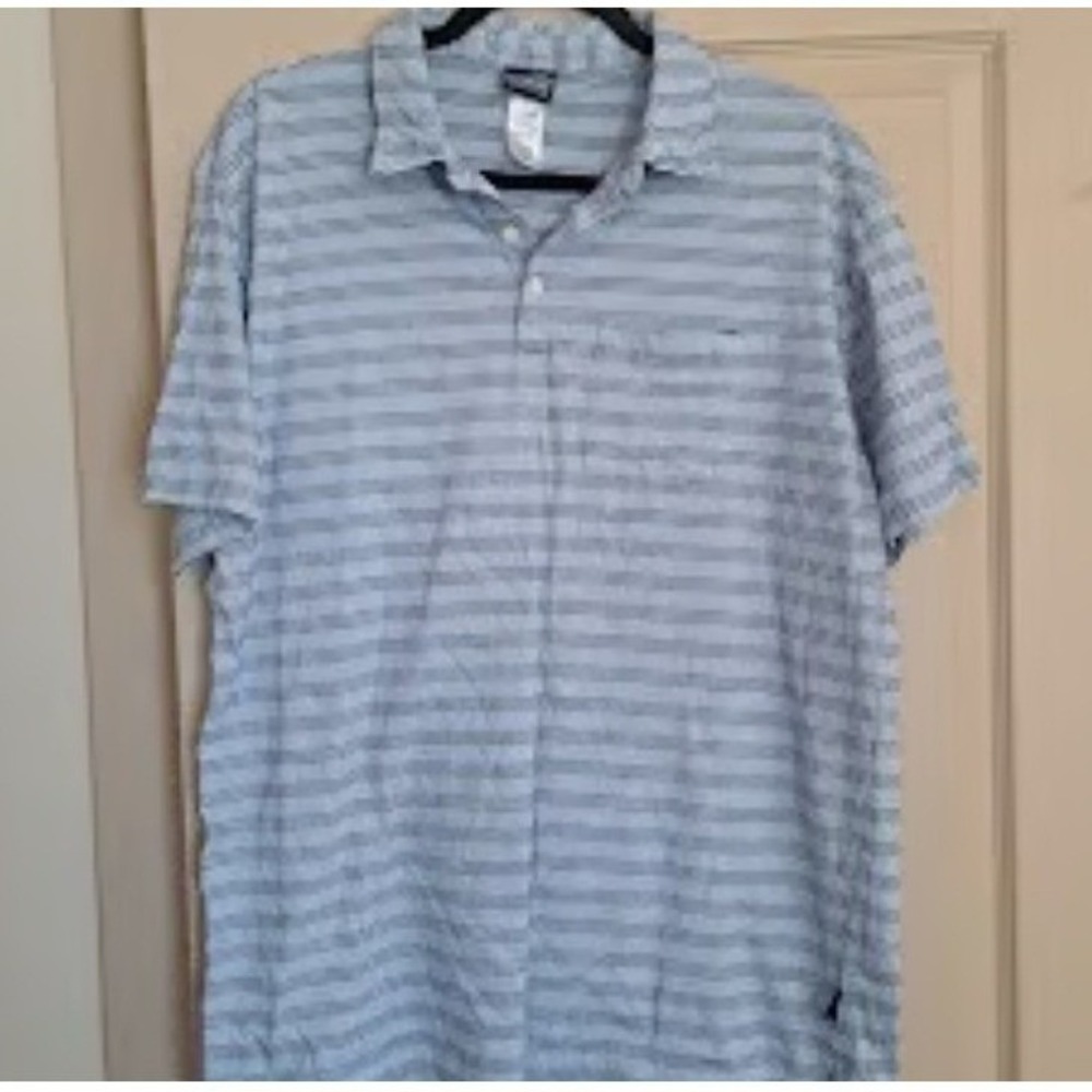 Patagonia Men XL Organic Cotton Striped Polo Shirt Short Sleeve Blue Navy Pocket